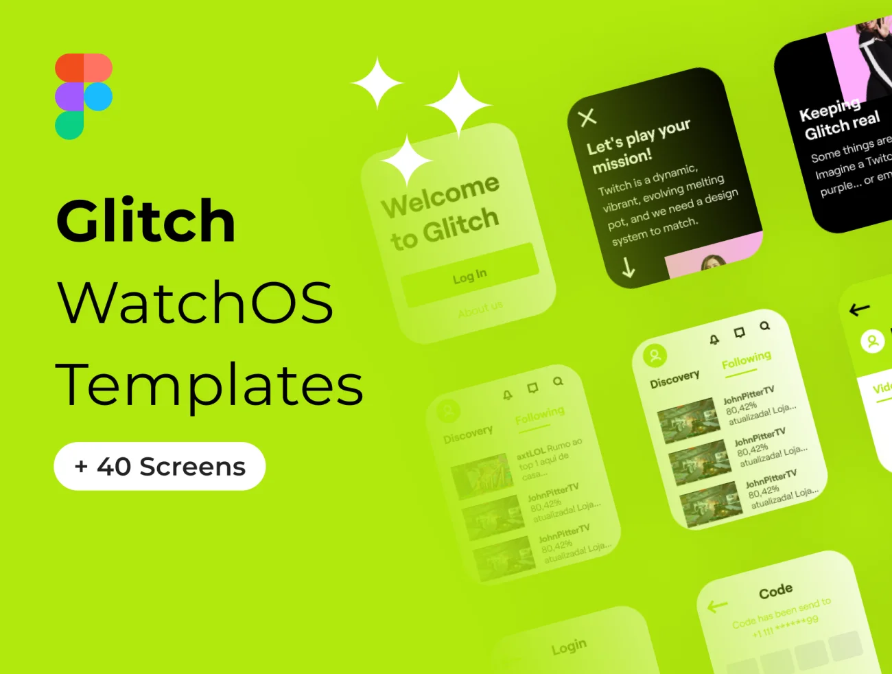 苹果手表系统直播流媒体播放应用UI设计套件40款 Glitch - WatchOS Templates .figma-UI/UX、ui套件、主页、列表、应用、播放器、注册、登录页-到位啦UI