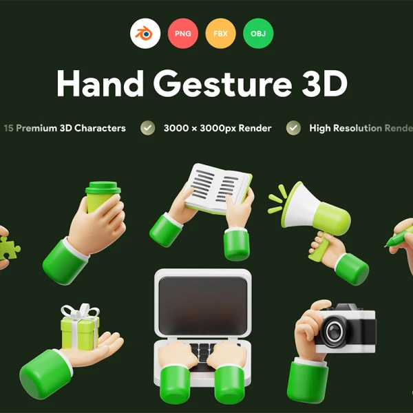 各种操作手势3D图标模型15款 Hand Gesture 3D Icon .blender .obj .fbx .png
