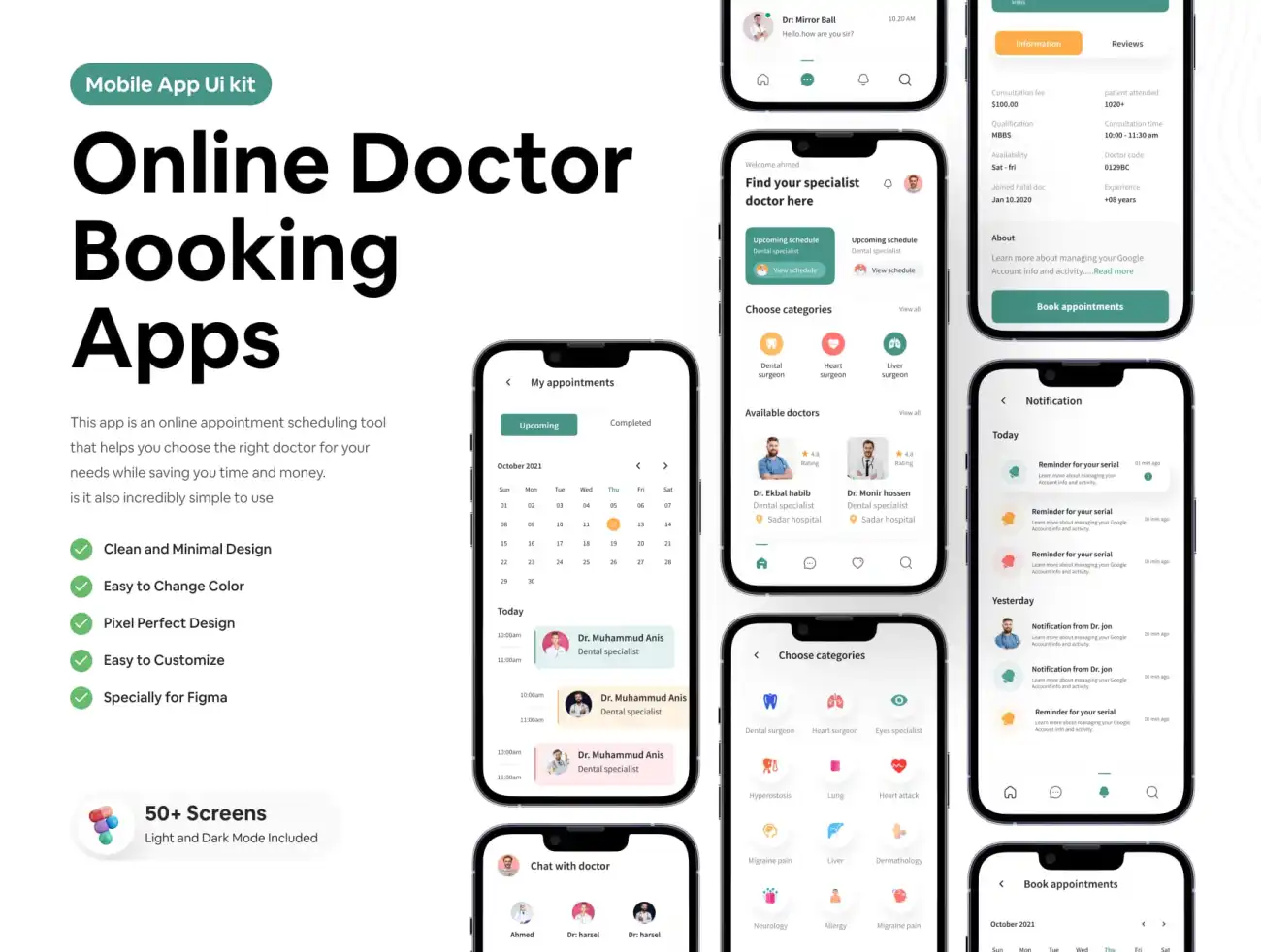 在线门诊医生预约健康管理应用程序 UI 套件50屏 Online Doctor Booking Apps .figma-UI/UX、ui套件、主页、列表、应用、聊天、预订-到位啦UI