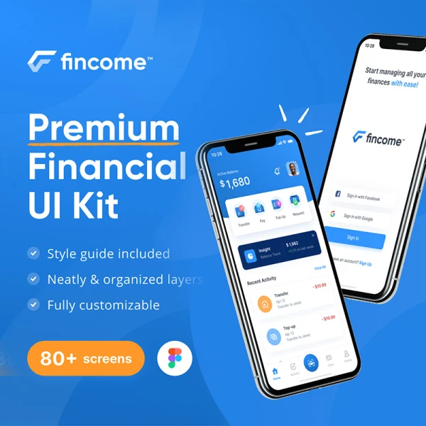 金融理财数字钱包应用程序 UI 套件80屏 Fincome - Finance Premium UI Kit Templates .figma
