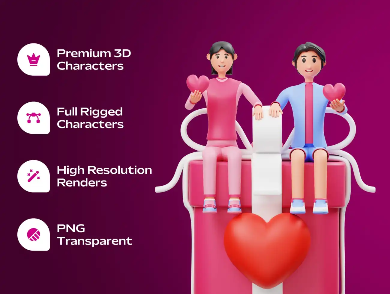 情人节情侣3D角色三维模型插画 Valentine’s Couple 3D Character Illustration .blender-3D/图标-到位啦UI