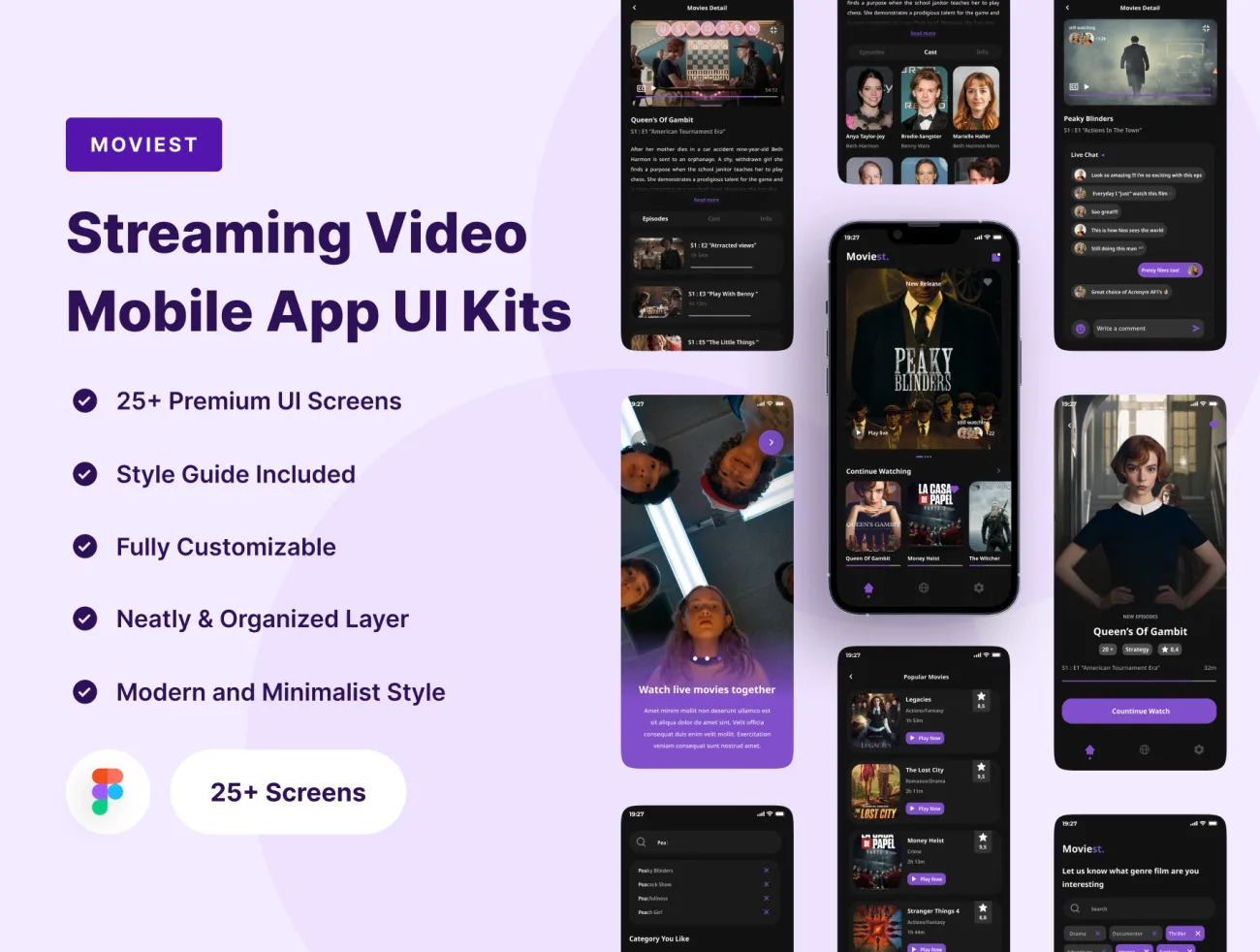 流媒体视频播放移动应用程序 UI 套件25屏 Moviest - Streaming Video Mobile App UI Kits-UI/UX、ui套件、主页、应用、播放器-到位啦UI