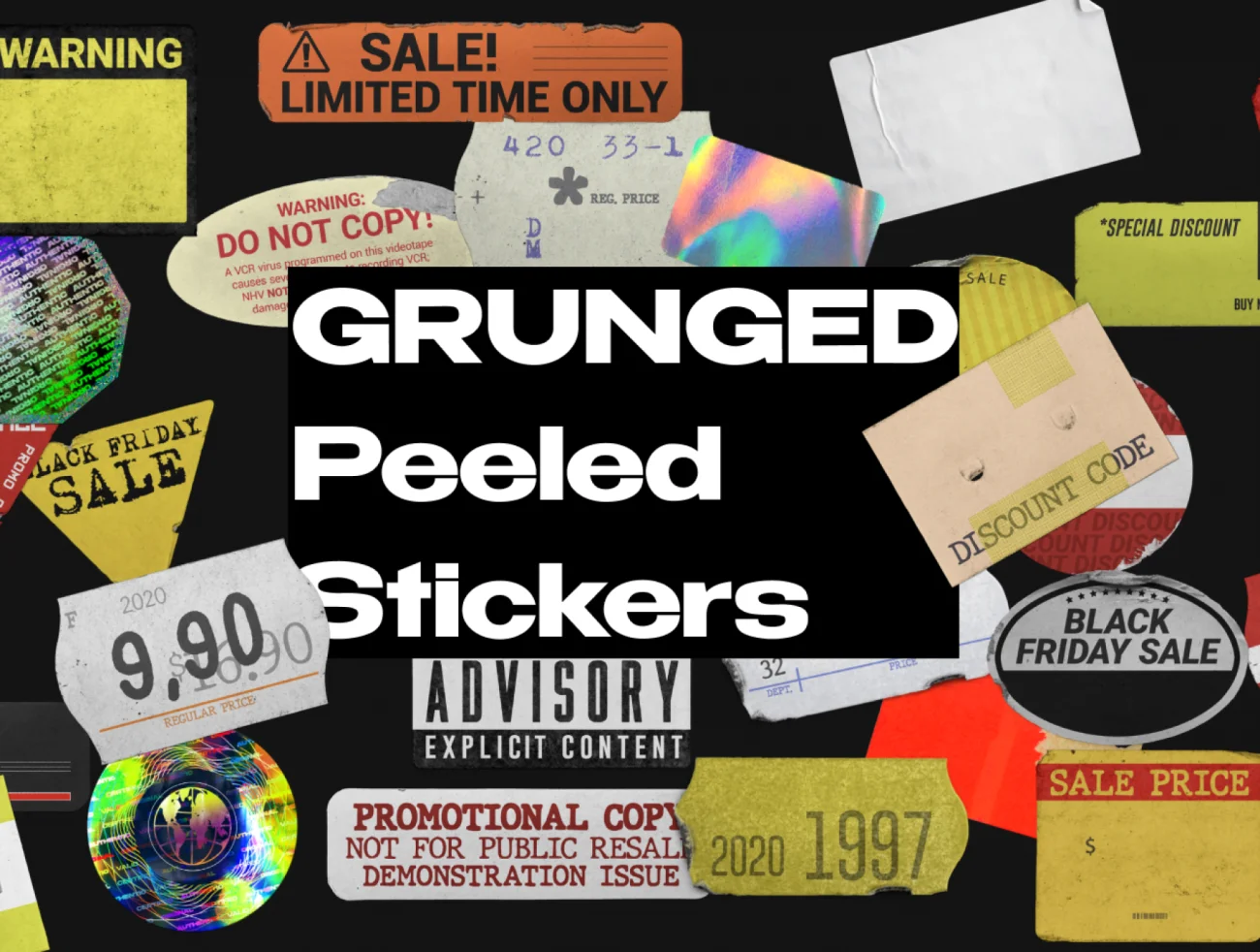 50+斑驳掉皮真实感贴纸（仅PNG文件） 50+ GRUNGED Peeled Stickers psd格式-插画-到位啦UI