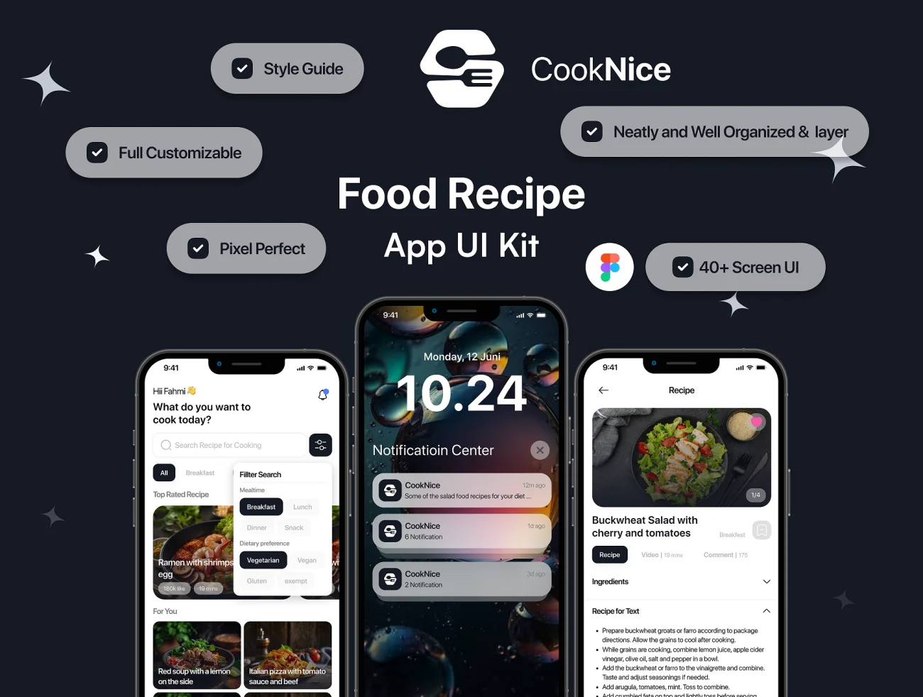 iOS美食应用App UI设计套件高质量Figma模板 Food Recipe - CookNice Mobile App iOS UI Kit figma格式-UI/UX、ui套件、网购、预订-到位啦UI