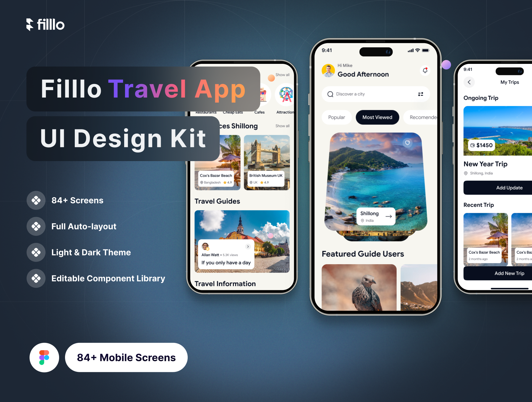旅行景点门票预定应用UI设计套件84屏 Filllo Travel App UI Design Kit .figma-UI/UX、ui套件、主页、介绍、付款、出行、图表、地图、应用、预订-到位啦UI