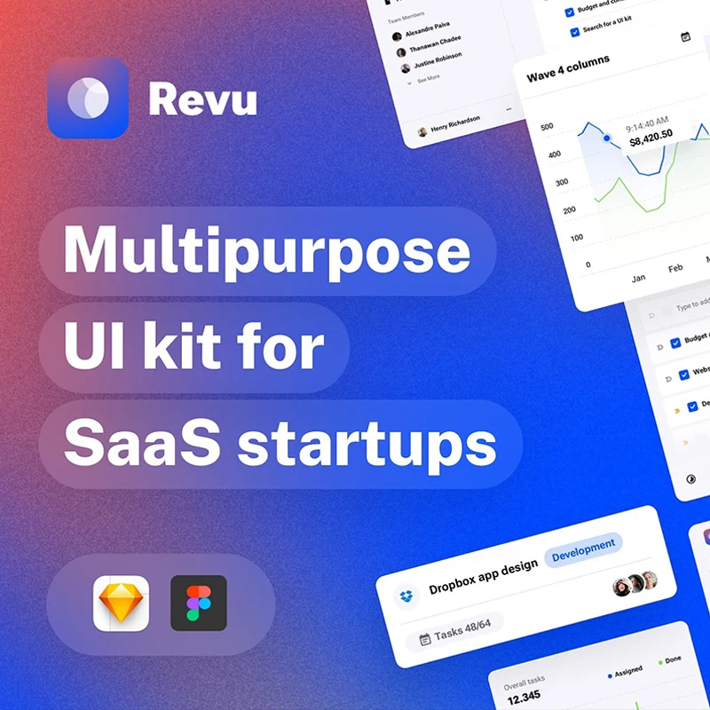 SaaS 数据可视化仪表板应用组件包设计套件工具包 Revu - Multipurpose UI kit for SaaS Startups .sketch .figma缩略图到位啦UI