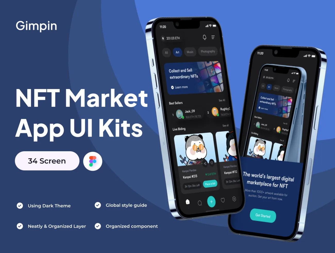 NFT交易市场应用程序 UI 套件34屏 Gimpin - NFT Market Apps UI Kits .figma-UI/UX、ui套件、主页、列表、应用、网购、详情-到位啦UI