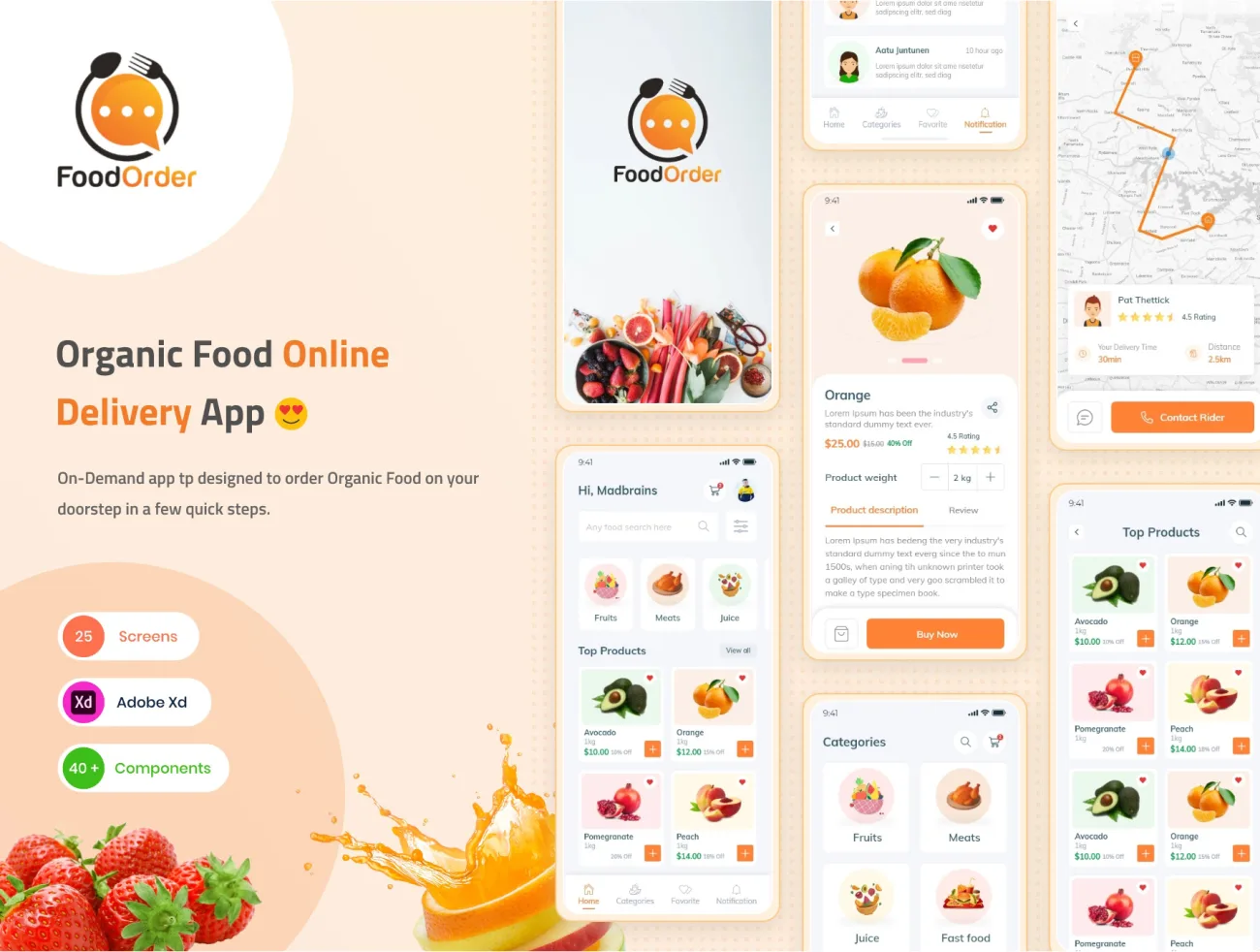 食品日用百货超市应用UI套件 Food Order - Grocery Application UI kit xd格式-UI/UX、ui套件、卡片式、地图、网购、表单、详情、预订-到位啦UI