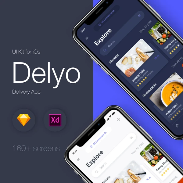 外卖点餐配送iOS应用UI设计套件100屏 Delyo iOS UI Kit .sketch .figma