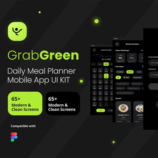 GrabGreen - 每日健康食物餐饮规划手机应用 UI 套件 Figma源文件