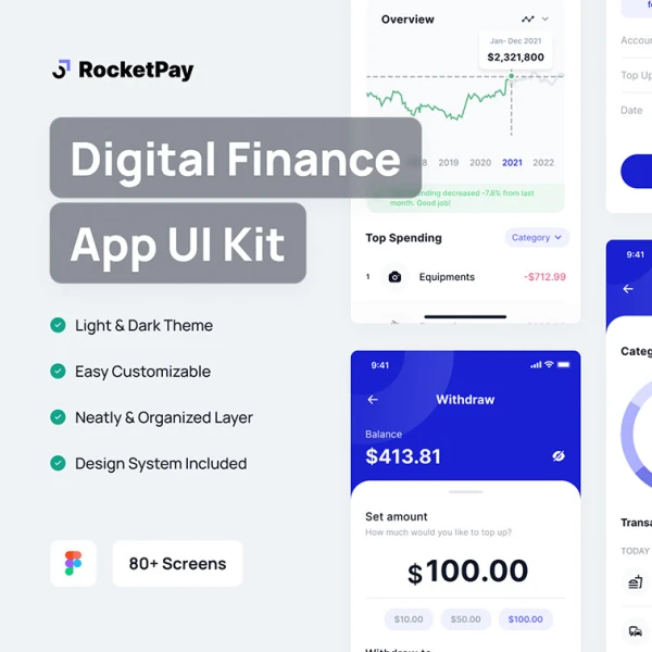 RocketPay - 金融财务规划和数字钱包应用UI套件Figma源文件 Blender Figma