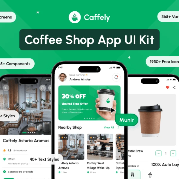 Caffely - 咖啡店手机应用 UI 套件素材