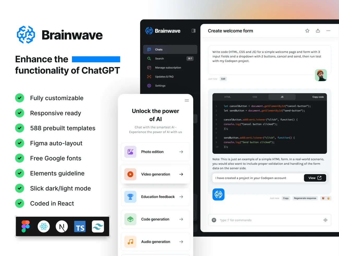Brainwave-AI UI工具包 Brainwave - AI UI Kit html, swift, figma, react格式缩略图到位啦UI