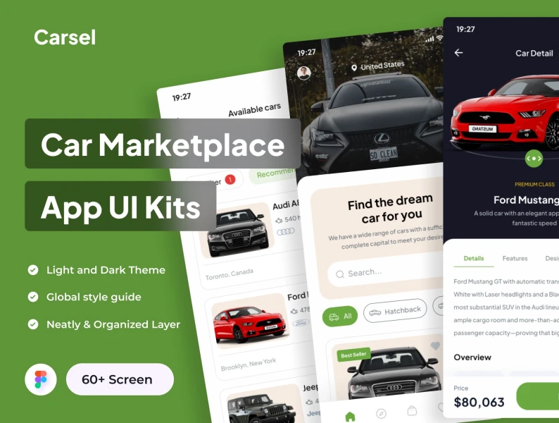 Carsel - 汽车市场应用程序 UI 套件 Carsel - Car Marketplace  App UI Kits