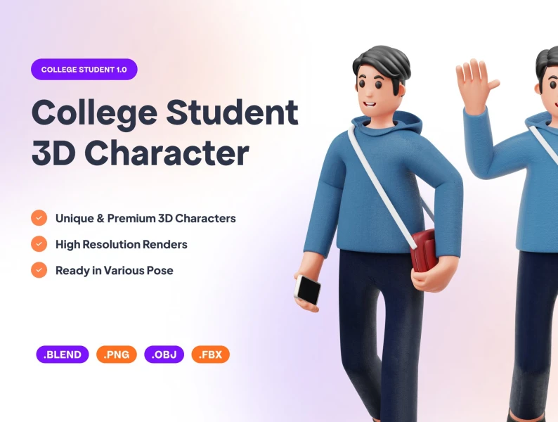 大学生3D角色插画素材集合 College Student 3D Character Illustration