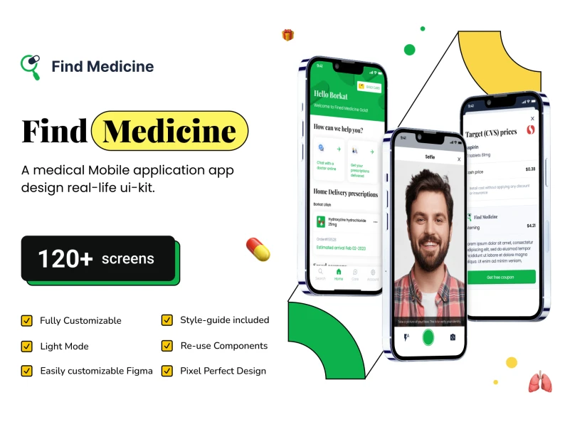 买药应用UI设计套件 Find Medicine Mobile App Ui Kit Design .