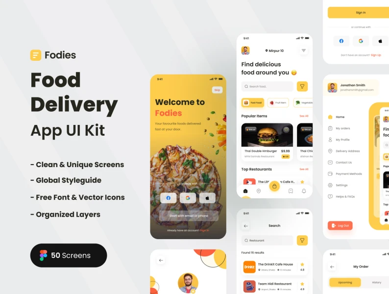 Fodies-食品配送手机应用程序UI套件 Fodies - Food Delivery App UI Kit