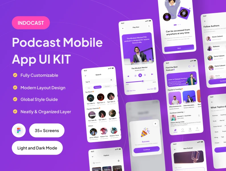 INDOCAST - 播客手机应用UI套件 INDOCAST - Podcast Mobile App UI Kit