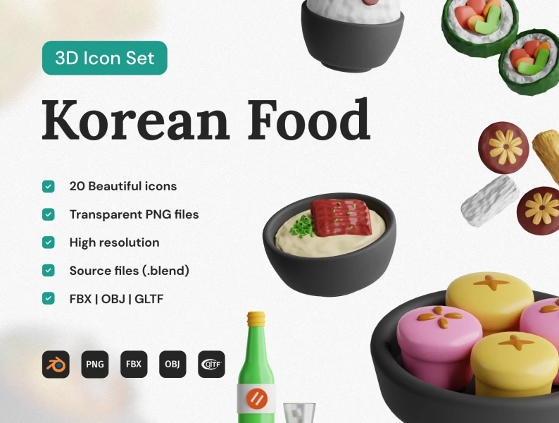 韩国食品3D图标套装 Korean Food 3D Icon Set