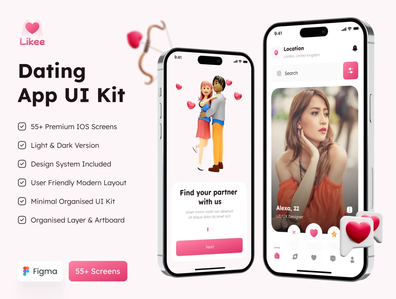 Likee - 约会应用程序UI设计套件 Likee - Dating App UI Kit缩略图到位啦UI