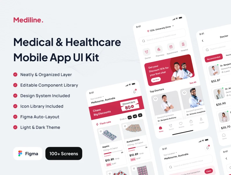 Mediline - 医疗保健应用程序UI套件 Mediline - Medical & Healthcare App UI Kit