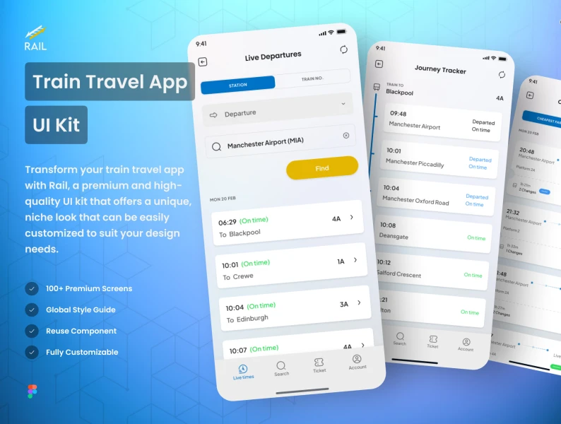 火车旅行应用UI套件 Rail - Train Travel App UI Kit