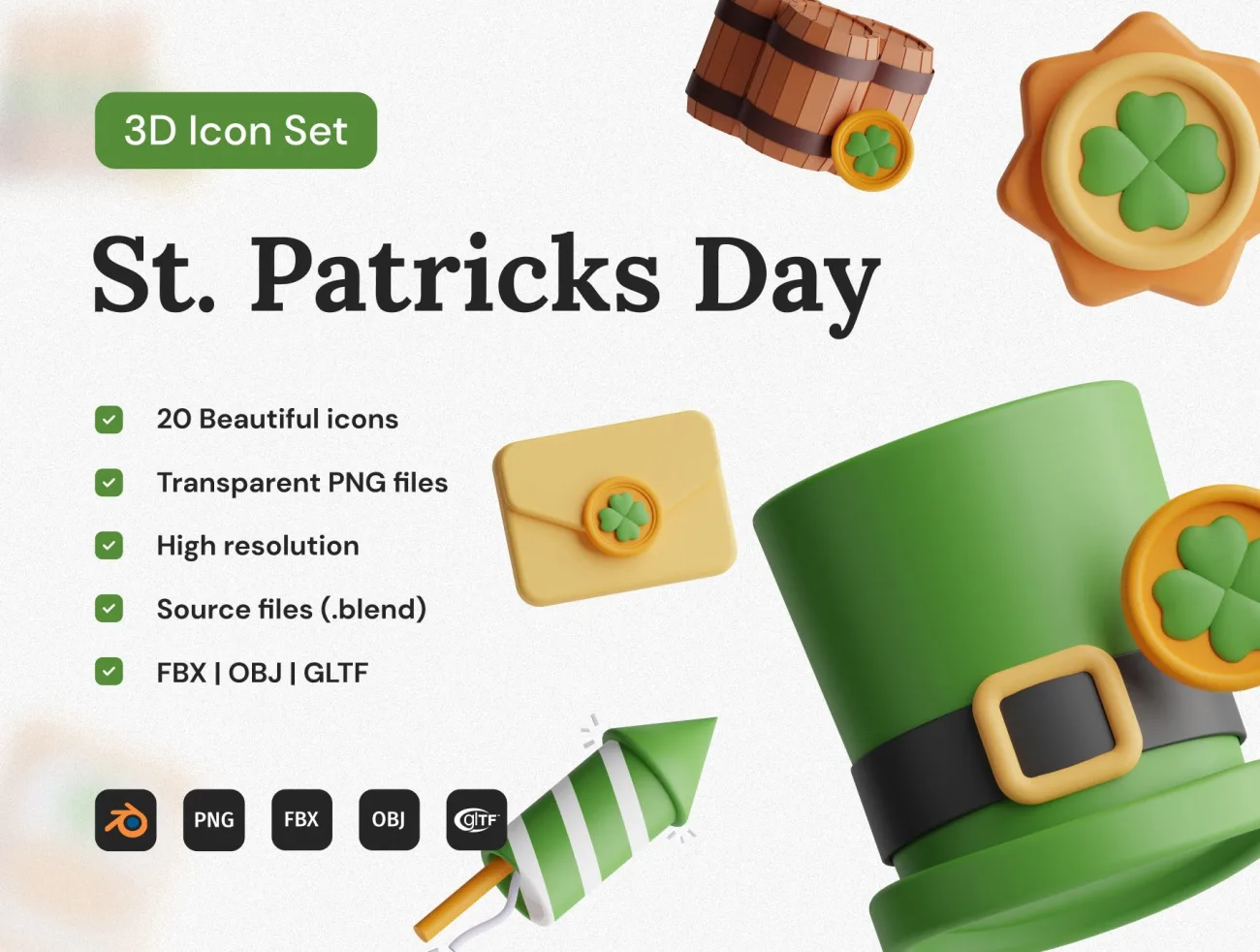 圣帕特里克音乐文化节3D图标集 St. Patricks Day 3D Icon Set缩略图到位啦UI