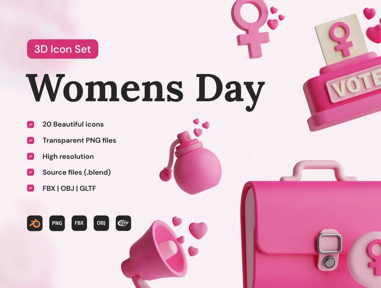 38女人节3D图标集 Women's Day 3D Icon Set缩略图到位啦UI