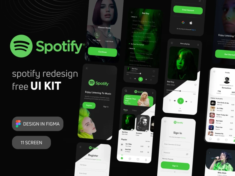 Spotify app redesign 明暗2各主题UI素材下载 - 音乐app Spotify主题UI界面设计 figma格式