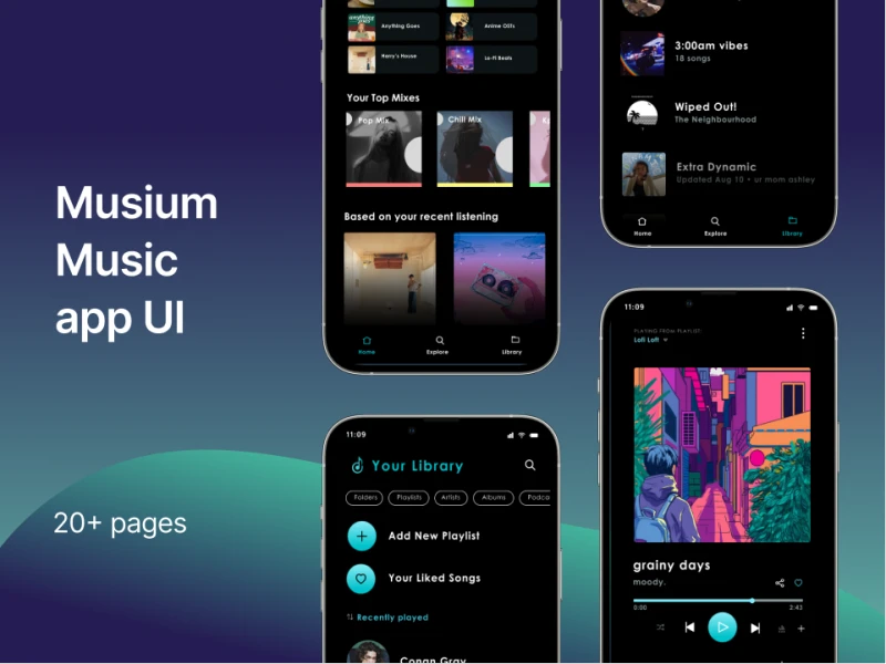 深色音乐App UI设计素材下载 figma格式