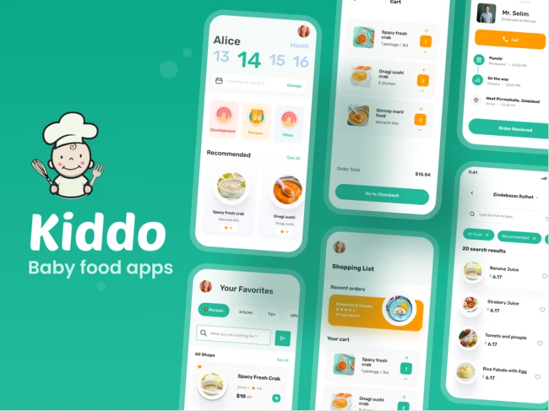 Kiddo 儿童食物app ui: 儿童饮食健康相关的移动应用UI，采用卡通、简洁风格，色彩明亮素材下载 figma格式
