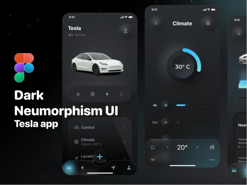 深色新拟物风格Tesla汽车app UI - 免费下载深色Tesla汽车app UI素材 figma格式