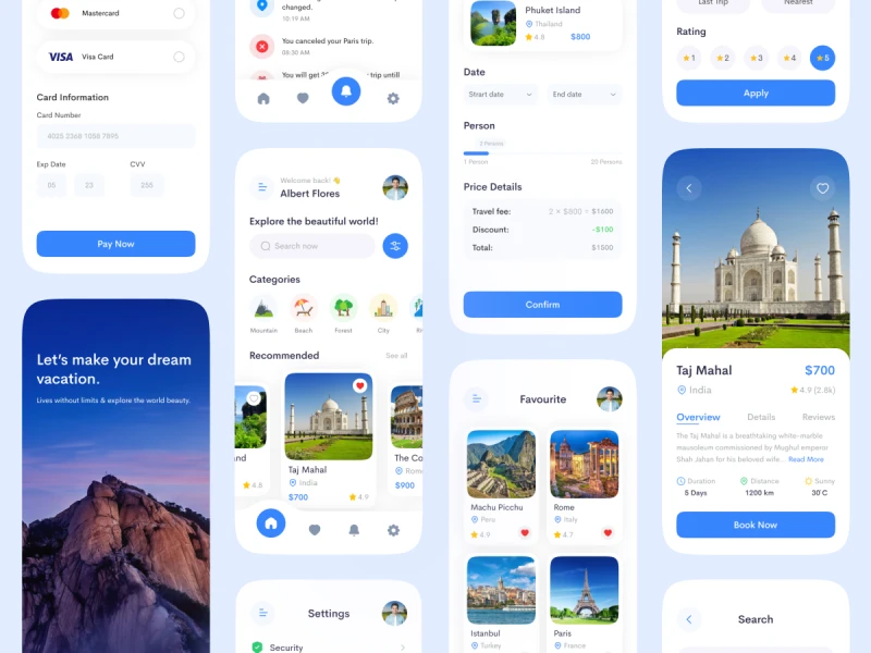 旅游app UI设计素材下载，带有出行建议、景点介绍等功能 figma格式