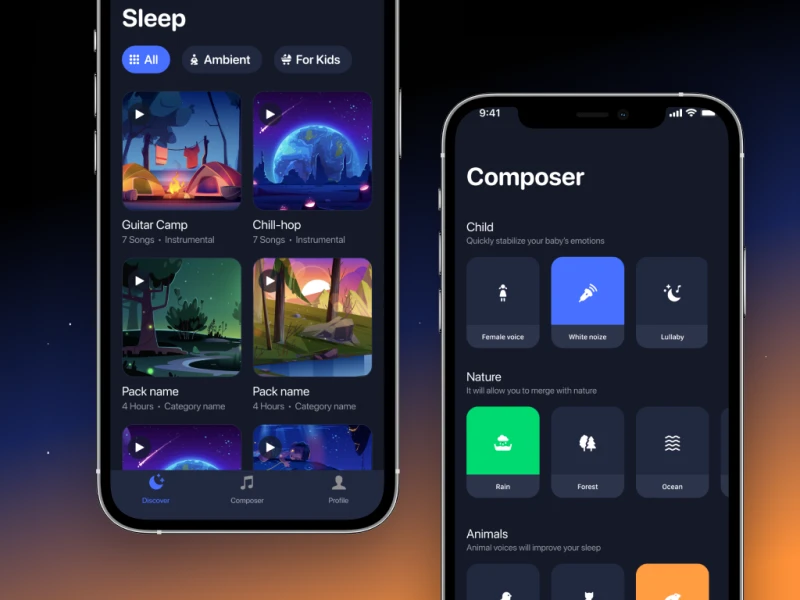 Sleep Sounds App UI设计 - 放松睡眠的音乐应用UI模板下载 figma格式