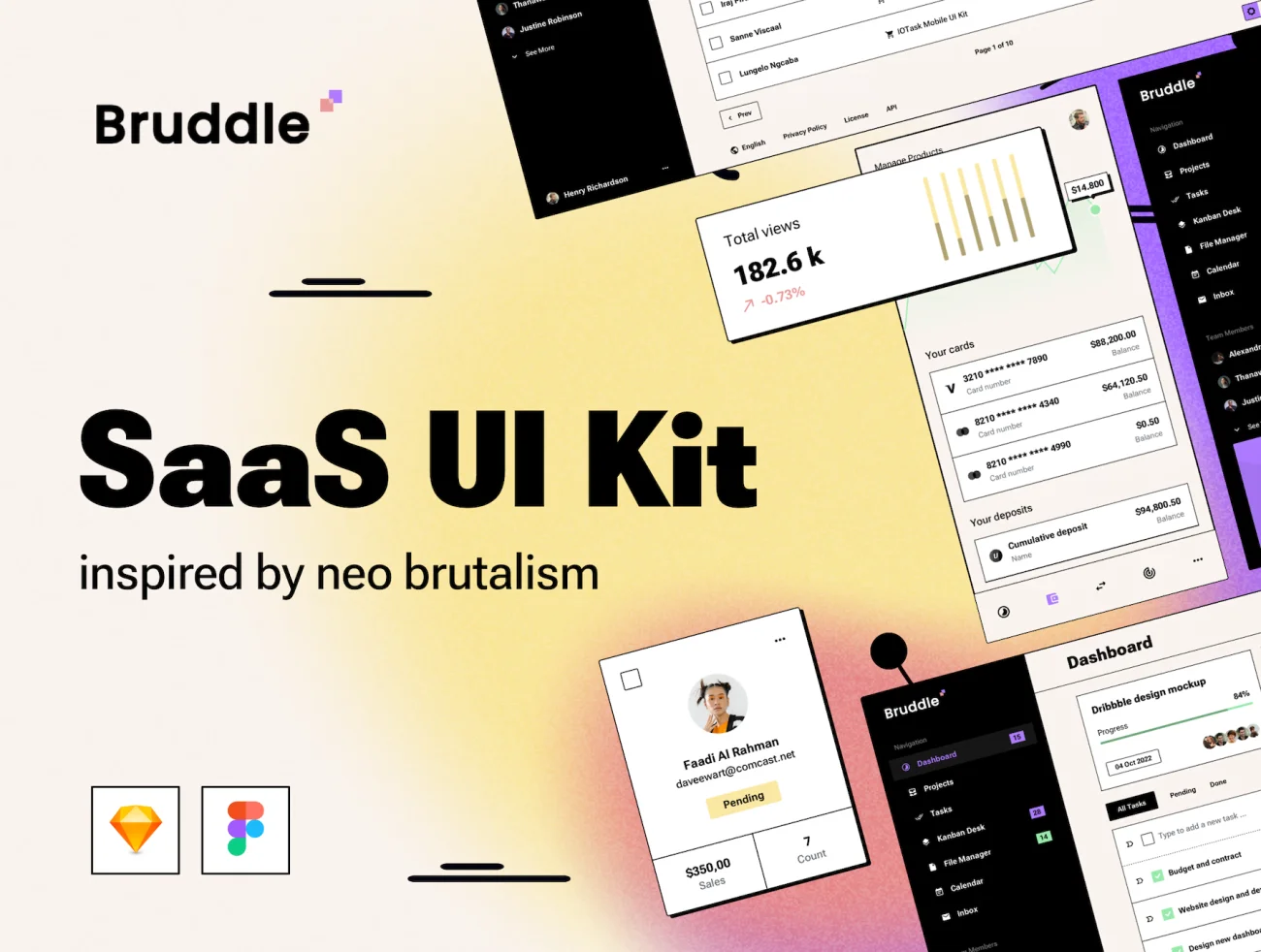 Bruddle-面向SaaS仪表板的新布鲁塞尔主义UI工具包 Bruddle - Neo brutalism UI kit for SaaS Dashboards sketch, may, ttf, figma格式缩略图到位啦UI
