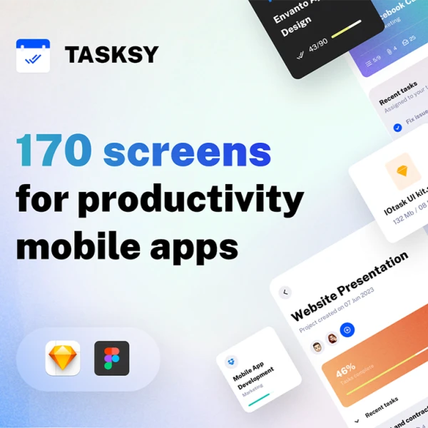 Tasksy - 生产力移动应用UI套件Figma, React Figma, Sketch
