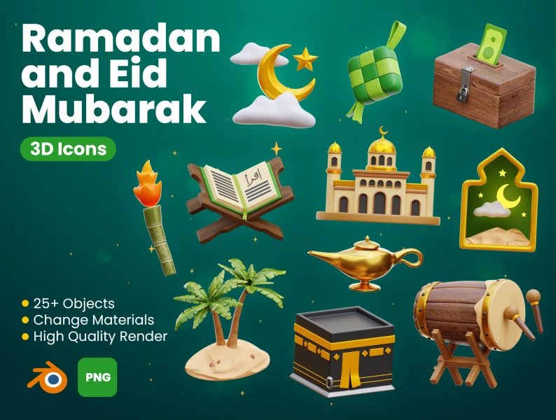 斋月和开斋节Mubarak 3D图标 Ramadan and Eid Mubarak 3D Icons blender格式