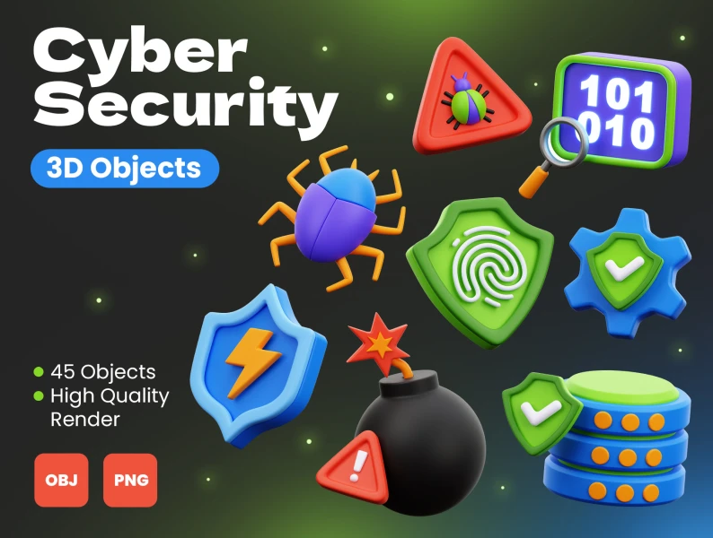 网络安全3D对象 Cyber Security 3D Objects png, obj, glb格式