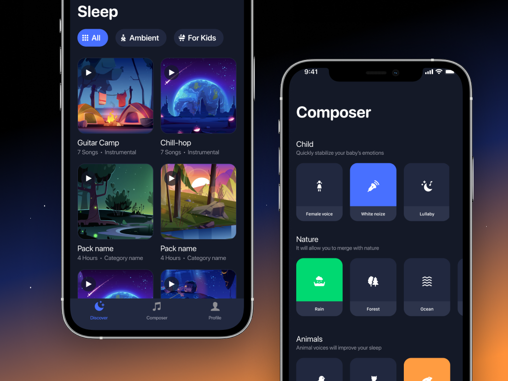 Sleep Sounds App UI设计 - 放松睡眠的音乐应用UI模板下载 figma格式-UI/UX-到位啦UI