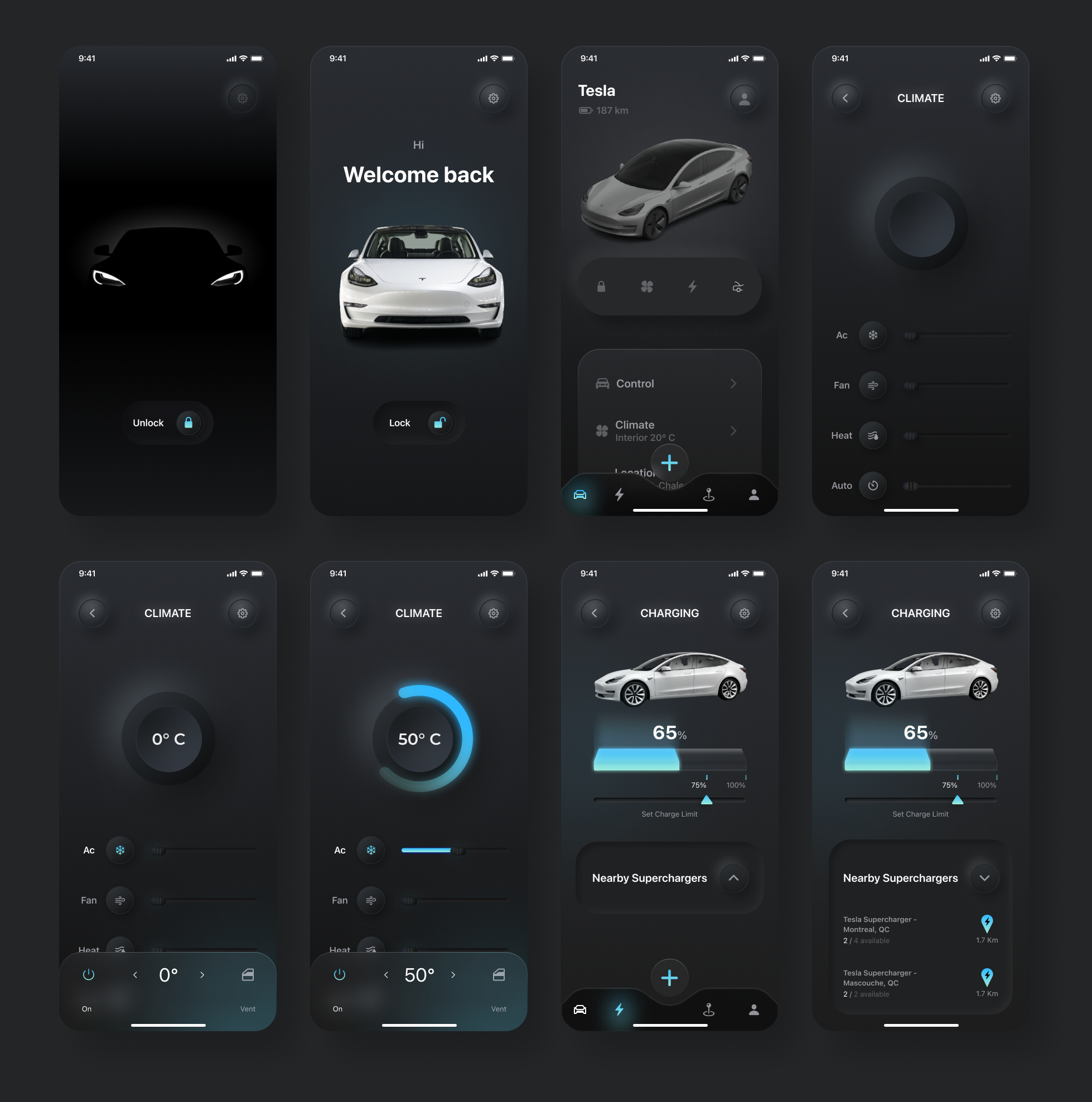 深色新拟物风格Tesla汽车app UI - 免费下载深色Tesla汽车app UI素材 figma格式-UI/UX-到位啦UI