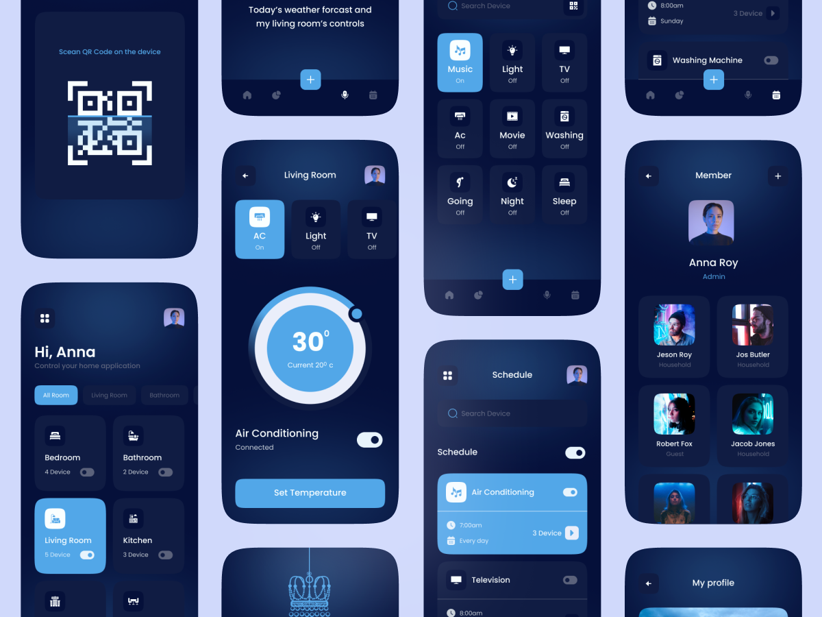 蓝色风格智能家居App UI设计：蓝色风格的智能家居App UI设计，提供简洁明了的界面和便捷的智能家居控制素材下载 figma格式-UI/UX-到位啦UI
