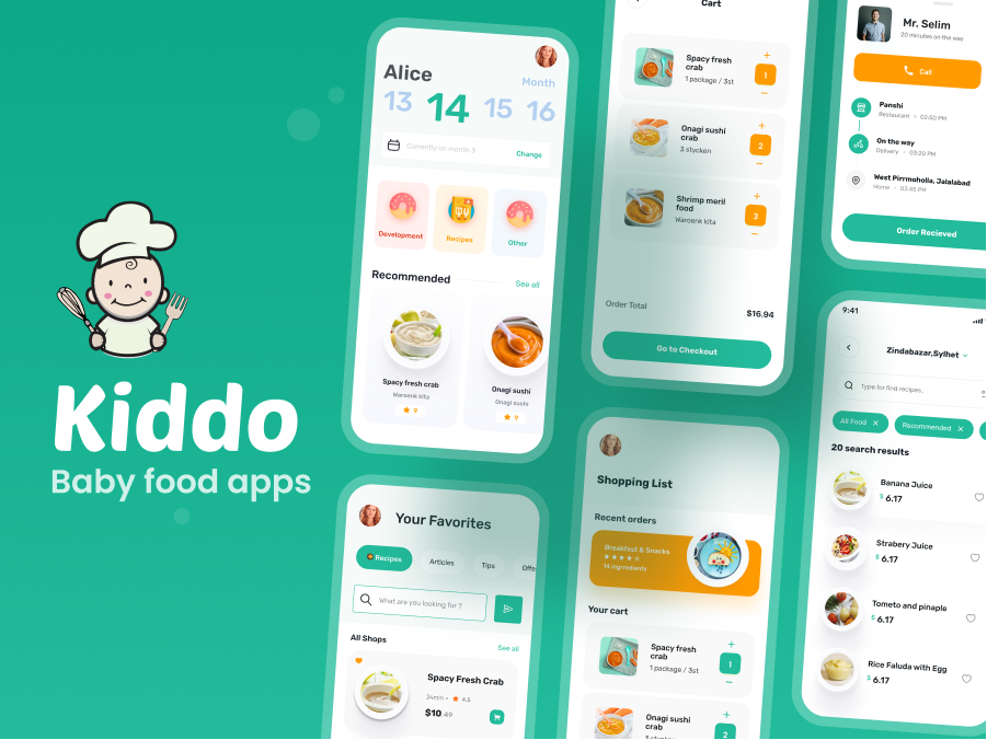 Kiddo 儿童食物app ui: 儿童饮食健康相关的移动应用UI，采用卡通、简洁风格，色彩明亮素材下载 figma格式-UI/UX-到位啦UI