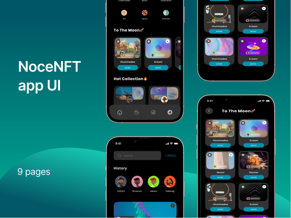 暗黑主题数字藏品应用UI设计：NoceNFT 暗黑主题数字藏品app ui 下载 figma格式-UI/UX-到位啦UI