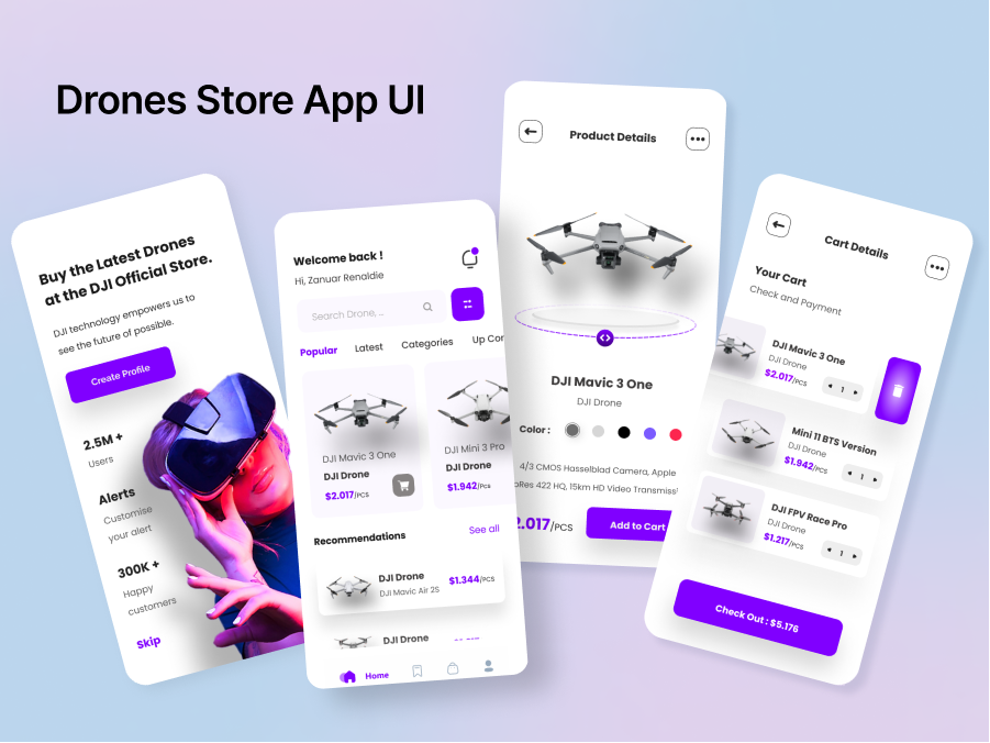无人机电商app ui：专为无人机爱好者打造的电商应用，方便您购买配件和了解相关资讯 | 下载素材 figma, xd格式-UI/UX-到位啦UI