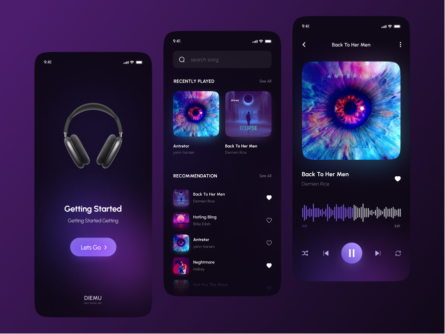 Dark Music App UI: 深色音乐app ui，让您的音乐应用更加优雅 figma格式-UI/UX-到位啦UI