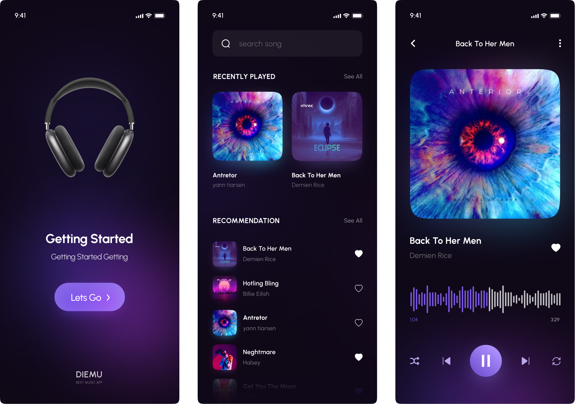 Dark Music App UI: 深色音乐app ui，让您的音乐应用更加优雅 figma格式-UI/UX-到位啦UI