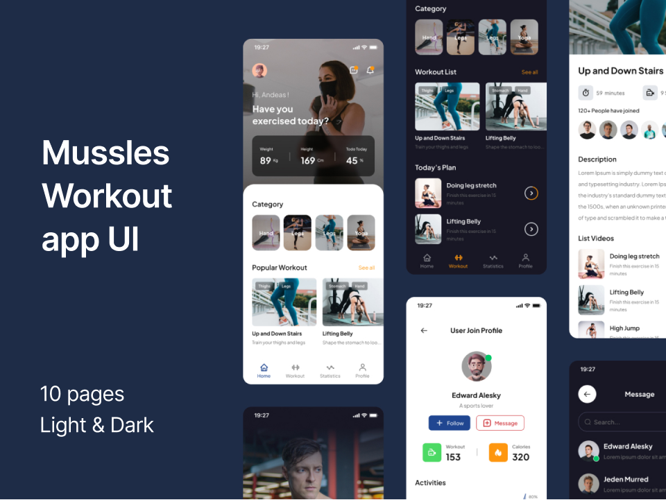 Mussles 运动健身app UI素材下载 - 包含明暗2套风格 figma格式-UI/UX-到位啦UI