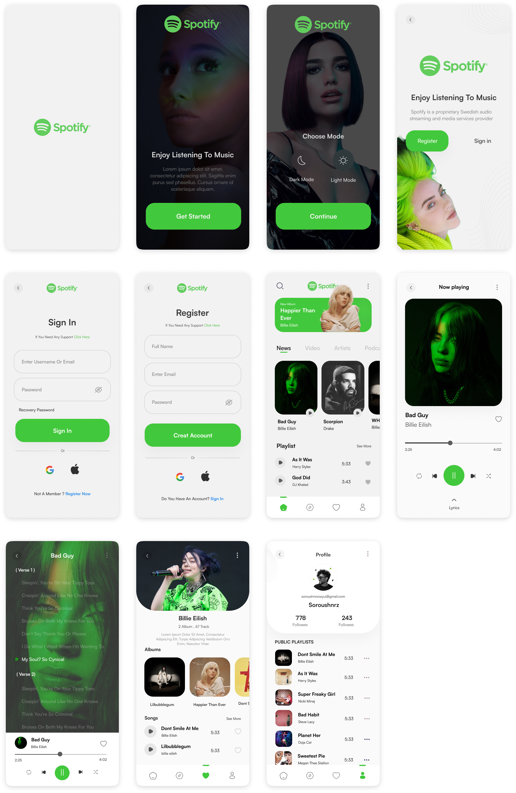 Spotify app redesign 明暗2各主题UI素材下载 - 音乐app Spotify主题UI界面设计 figma格式-UI/UX-到位啦UI