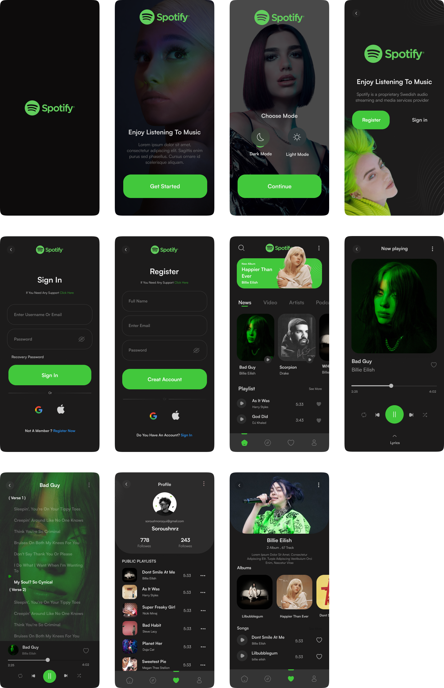 Spotify app redesign 明暗2各主题UI素材下载 - 音乐app Spotify主题UI界面设计 figma格式-UI/UX-到位啦UI