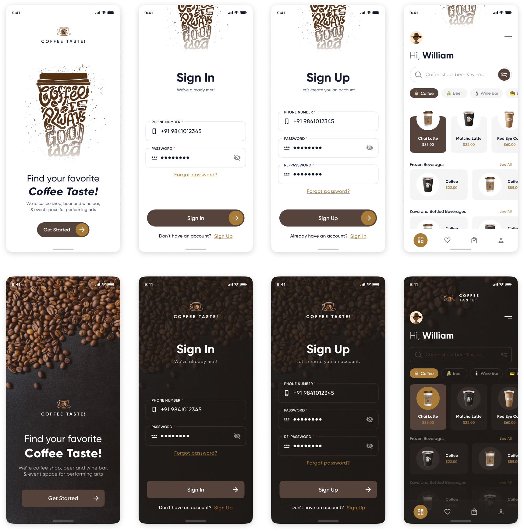 咖啡外卖点餐app UI设计 - 款式丰富的咖啡外卖点餐App UI素材下载 figma格式-UI/UX-到位啦UI